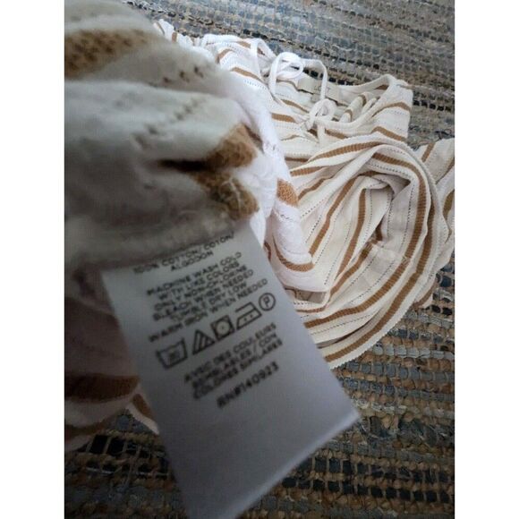 Striped Jacquard Tie Keyhole Ruched Sleeve Top Whisper White Golden Brown Quiet - Picture 6 of 7